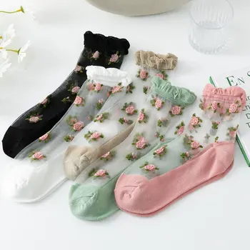 Симпатичные прозрачные шелковые носки для женщин и девочек Дышащие ультратонкие носки Mid-tube Bubble Mouth Rose Blossom Кружевные носки Лето