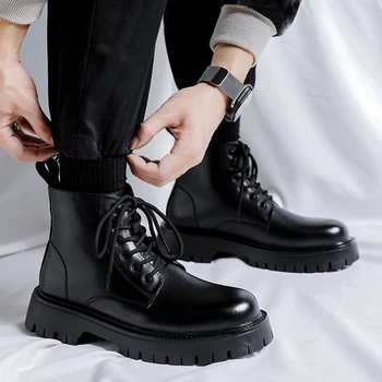 Осенний бренд Ботинки на шнуровке Модные сапоги с высоким верхом Популярные военные ботинки Британский стиль с толстой подошвой Классические черные мужские кожаные ботинки