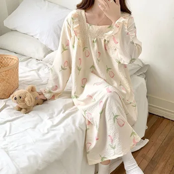 Корейская сладкая кружевная пижама для женщин с квадратным воротником и принтом с длинными рукавами и оборками ночная рубашка хлопковая свободная леди домашняя пижама один размер