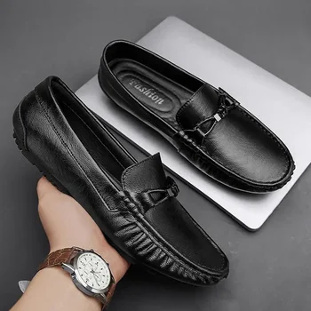 кожаная повседневная обувь мужские слипоны мокасины с мягким дном черный плоский мужской туфли деловая мужская обувь