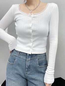 Белая хлопковая футболка Женская кружевная отделка O-образным вырезом Однобортный с длинным рукавом Полые Тонкие топы Футболка Женщины TShirt Kawaii Одежда