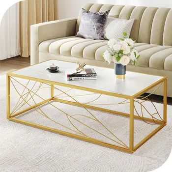 DWVO 48-дюймовый журнальный столик с мраморным рисунком Современный прямоугольный белый и золотой журнальный столик для гостиной