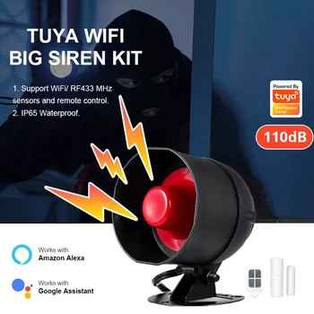 Tuya Беспроводная сирена громкого звукового оповещения WiFi Сирена Система сигнализации WiFi Сирена Smart Life Siren, совместимая с Alexa Google Для домашней безопасности