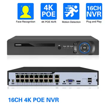 16CH 4K 8MP PoE NVR Видеорегистратор для домашней системы видеонаблюдения 8-канальная запись 24/7 H.265 Сетевой регистратор с распознаванием лиц Xmeye