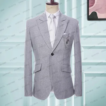 2023 Роскошный мужской костюм Свадебный блейзер Серый полосатый узор Однобортный пик Лацкан Жених Бизнес Цельный Slim Fit