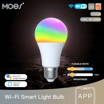 WiFi Умная светодиодная лампочка Лампа с регулируемой яркостью 14 Вт RGB C + W E27 Изменение цвета 2700K-6500K Tuya Smart App Control Работа с Alexa Google