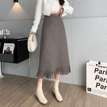 шерстяная длинная юбка миди для женщин 2023 зима теплая корейская мода с кисточками элегантная юбка-карандаш с высокой талией женская