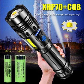  мощный светодиодный фонарик XHP70 Мощный фонарик USB Перезаряжаемый тактический фонарик Используйте 18650 Батарея COB Кемпинговая лампа