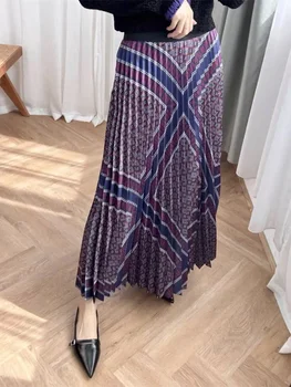 Женская эластичная талия с геометрическим принтом плиссированная винтажная юбка макси осень-зима 2023