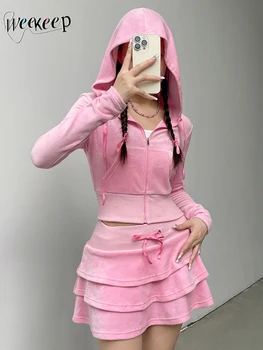 Weekeep Сладкий бархат Розовый женский костюм Осень-зима с капюшоном на молнии укороченная толстовка и свободная мини-юбка Комплекты из двух частей y2k Наряды