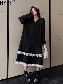 NYFS 2023 Осень Новая Корея Женское платье Vestidos Robe Femme Elbise Свободное платье больших размеров в стиле пэчворк Кружевное длинное платье