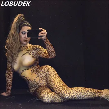 сексуальный тощий стрейч леопардовое боди певица ночной клуб бар выступление костюм костюм комбинезон с леопардовым принтом диджей сценическая одежда