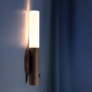 LED Деревянный USB-ночник Магнитный настенный светильник Кухонный шкаф Шкаф Светильник Домашний спальня Стол Движущаяся лампа Прикроватное освещение