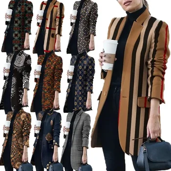 2023 Express Amazon Ebay Верхняя одежда Осенне-зимнее пальто Новый европейско-американский модный принт с воротником-стойкой Шерстяное пальто Женщина