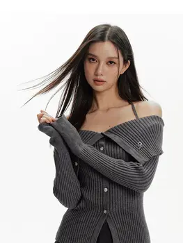 Осенняя мода топ на одно плечо дизайн сплошной цвет ниша корейская версия 2023 новый тонкий свитер для горячей девушки модный вязаный свитер
