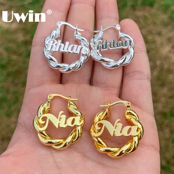 UWIN Custom Name Серьги-кольца Нержавеющая сталь Twist Circle Ear Rings для женщин и девочек Модные ювелирные изделия для подарка