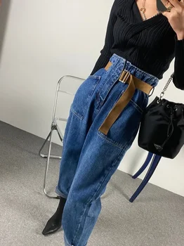 Модные винтажные джинсовые брюки для мамы Jean Loose Wash Denim 2021 Женские корейские брюки с высокой талией и лодыжкой Мешковатые джинсы с поясом