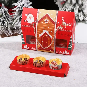 Бумажные рождественские подарочные пакеты Большие коробки с угощениями для десертов Рождественская коробка для кексов с окном 3 отверстия Рождественская вечеринка Декор Новый год 2023