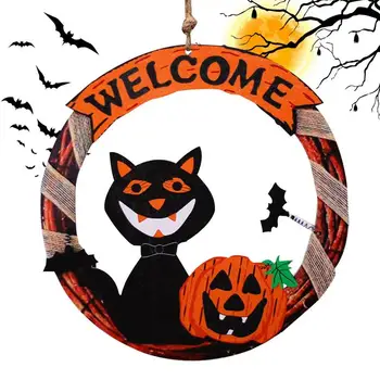 Настенная вешалка на Хэллоуин Симпатичные деревянные украшения с тыквой и дизайном черной кошки Приветственная дверная вешалка Деревянный дверной знак для