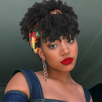 Кудрявые парики для чернокожих женщин,Парики с повязкой на голову с челкой Wrap Wig 2 в 1 Синтетический короткий афро кудрявый парик с прикрепленным оголовьем