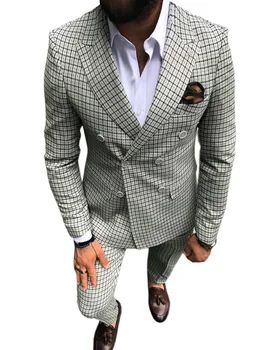 Клетчатый костюм для мужчин Бизнес 2023 Slim Fit 2 шт. Шерстяной блейзер Брюки Комплекты Мужские костюмы Смокинги Большие размеры Мужской жених