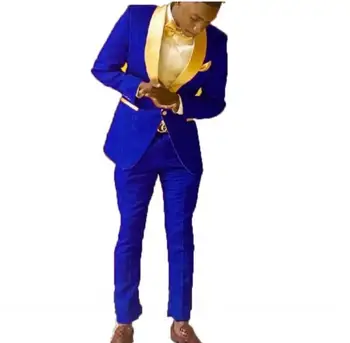 Жених Королевский Синий Жених Смокинги Шаль Золотой Лацкан Мужские костюмы 2 шт. Свадебный жених (пиджак+брюки+галстук)