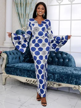 Синие длинные платья с длинными рукавами V-образным вырезом и принтом в точку Облегающие вечерние наряды для вечеринки по случаю дня рождения Платья большого размера 4XL для женщин 2023