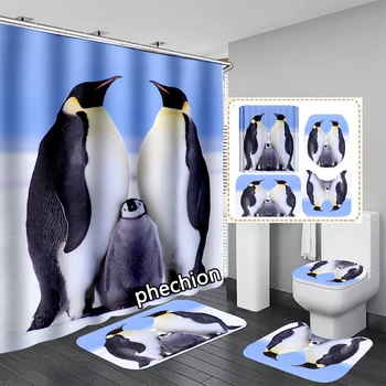 phechion Новая мода 3D-печать Животное Пингвин Занавеска для душа Водонепроницаемая занавеска для ванной комнаты Противоскользящий коврик для ванны Набор туалетных ковриков VR284