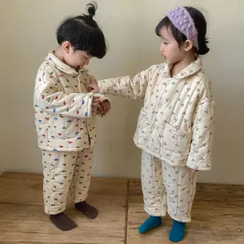 Детские пижамы для девочек Зимние утолщенные детские девочки Чистый хлопок Плюшевые трехслойные хлопковые пижамы Цветочный