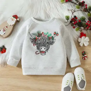 Рождественский осенний сезон Baby Boutique Boy Cotton Длинная футболка Комплект с круглым вырезом Белый топ Одежда для мальчиков и детский пуловер с коровьим принтом