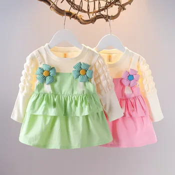 Весеннее и осеннее детское платье с длинными рукавами для девочек корейское издание поддельное платье из двух частей с круглым вырезом и свежими цветами