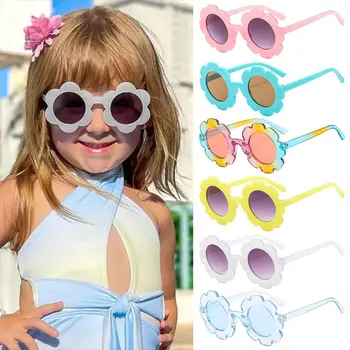 Красочные детские солнцезащитные очки с подсолнухом Симпатичные солнцезащитные очки в круглой оправе для девочек