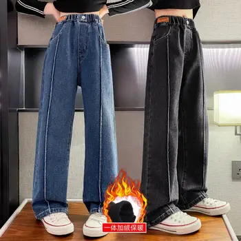 Широкие джинсы для девочек для осени и зимы свободные винтажные прямые брюки в стиле ретро модные брюки для подростков 6 8 9 10 11 12 14 лет