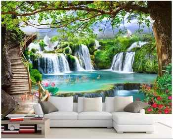 пользовательские фото 3d обои Зеленое дерево лес водопад живопись Домашний декор гостиная 3d фотообои панно обои для стен 3d