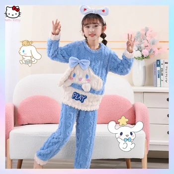 Аниме Sanrioed Детская фланелевая пижама Пуловер Весна Осень Kuromi Cinnamoroll Мультфильм Корейский стиль Теплая пижамная детская домашняя одежда