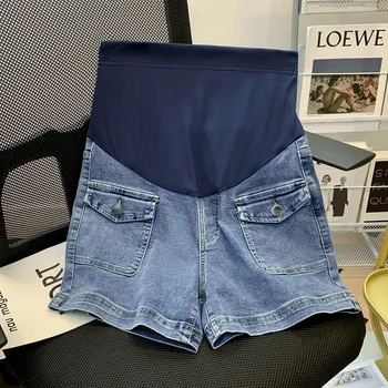 Летние джинсовые шорты для беременных Высокая талия Растянутые темно-синие широкие штанины Беременная женщина Короткие джинсы с карманами Винтажные брюки