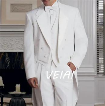 Белый мужской фрак с двубортным 3 шт. свадебный смокинг для жениха мужчина модные костюмы куртка жилет с брюками новый