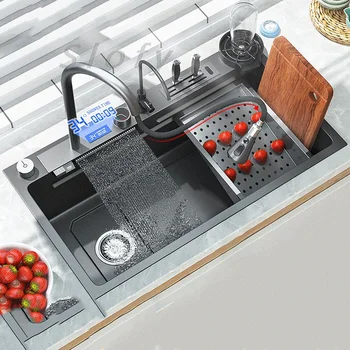 304 Кухонные раковины из нержавеющей стали Waterfall Nano Single Bowl Овощной бассейн Topmount Drop In Workstation Sink With Drain Set