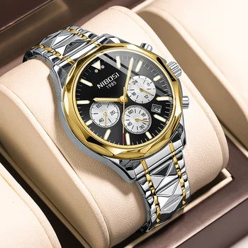 NIBOSI Оригинальные кварцевые мужские часы Balck Gold из нержавеющей стали Водонепроницаемый хронограф Роскошный топ бренд номер циферблат мужской Wristwatc