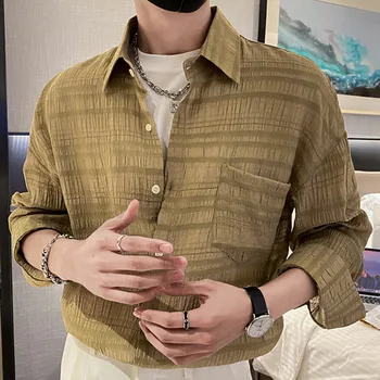 Однотонная жаккардовая рубашка плиссированная тонкая без железной рубашки Мужчины Camisa Hombre Рубашка с длинным рукавом Мода Деловая вечерняя рубашка