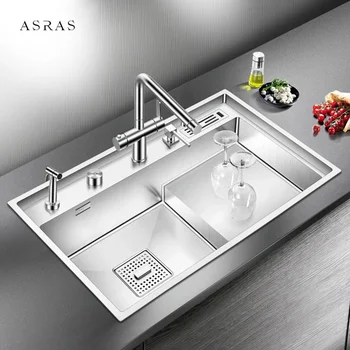 ASRAS 304 Кухонная ступенчатая мойка из нержавеющей стали толщиной 4 мм Глубина 220 мм Большой размер Матовые ступенчатые кухонные мойки ручной работы