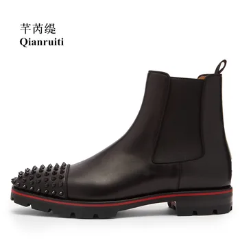 Qianruiti Модные мужские ботинки челси Лодыжки с шипами Заклепки Сапоги Резинка Круглый носок Обувь на низком каблуке EU39-EU46