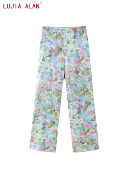 Новые женские прямые брюки с цветочным принтом, женские повседневные свободные брюки с высокой талией LUJIA ALAN P3676