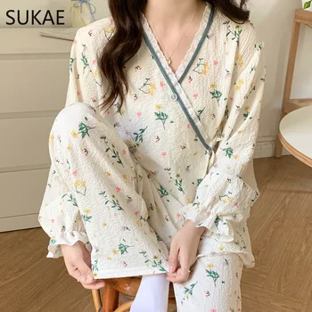 SUKAE Chic Bubble Креп Хлопковая пижама Свежий стиль Кимоно Пижама для женщин Mujer Домашняя одежда Весна Осень Длинные рукава Пижамы