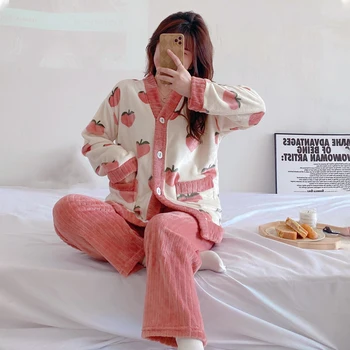 Женская пижама Осень-зима Теплая фланелевая пижама Женская сладкая милая домашняя одежда с длинным рукавом Комплект из двух частей Пижама M-5XL