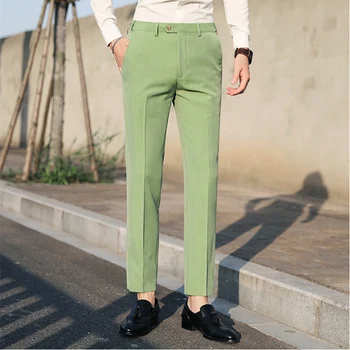 Корейский стиль Костюм Брюки Для Мужчин Желтый Светло-Зеленый Pantalon Homme Solid Slim Fit Повседневные офисные прямые брюки Формальные брюки P26