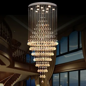 Современная светодиодная хрустальная люстра GU10 Лампа Лестничный свет Droplight Вилла Двойной вход Длинное круглое хрустальное освещение для вестибюля