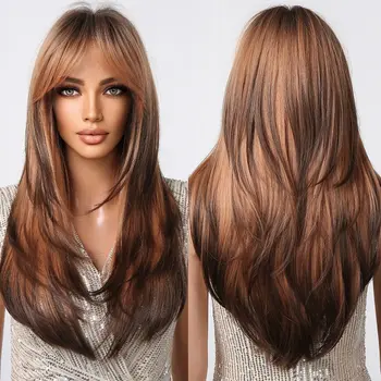 От коричневого до светло-пепельного Коричневые светлые парики с челкой Многослойные синтетические парики для женщин Длинные натуральные волосы Cospay Party