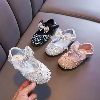 2023 Детская обувь из кожи с блестками Девочки Принцесса Горный хрусталь Бант Одиночная обувь Мода Детская свадебная обувь